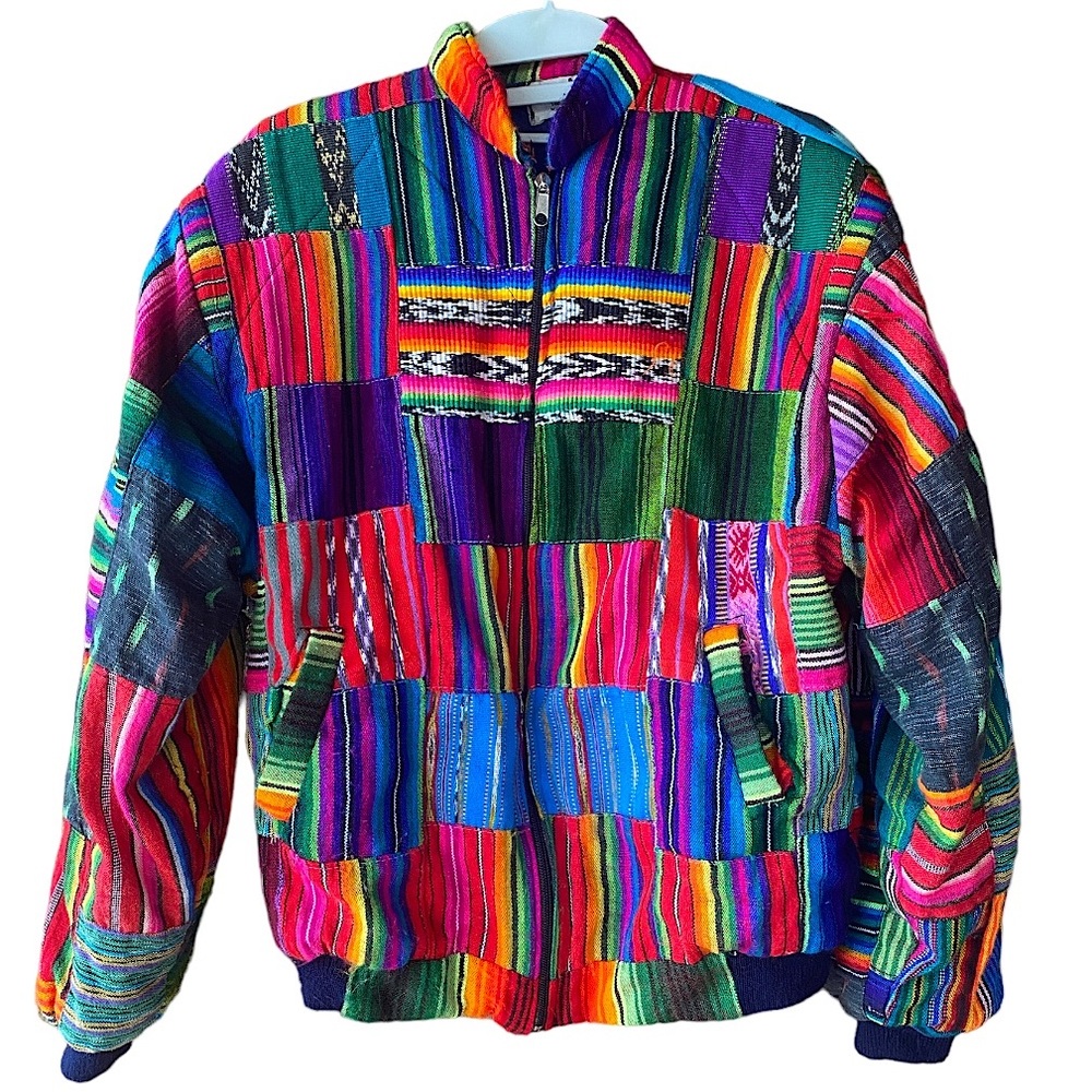 VTG Guatemalan Textile Patchwork Bomber Jacket Full Zip Women’s Sz M multicolors